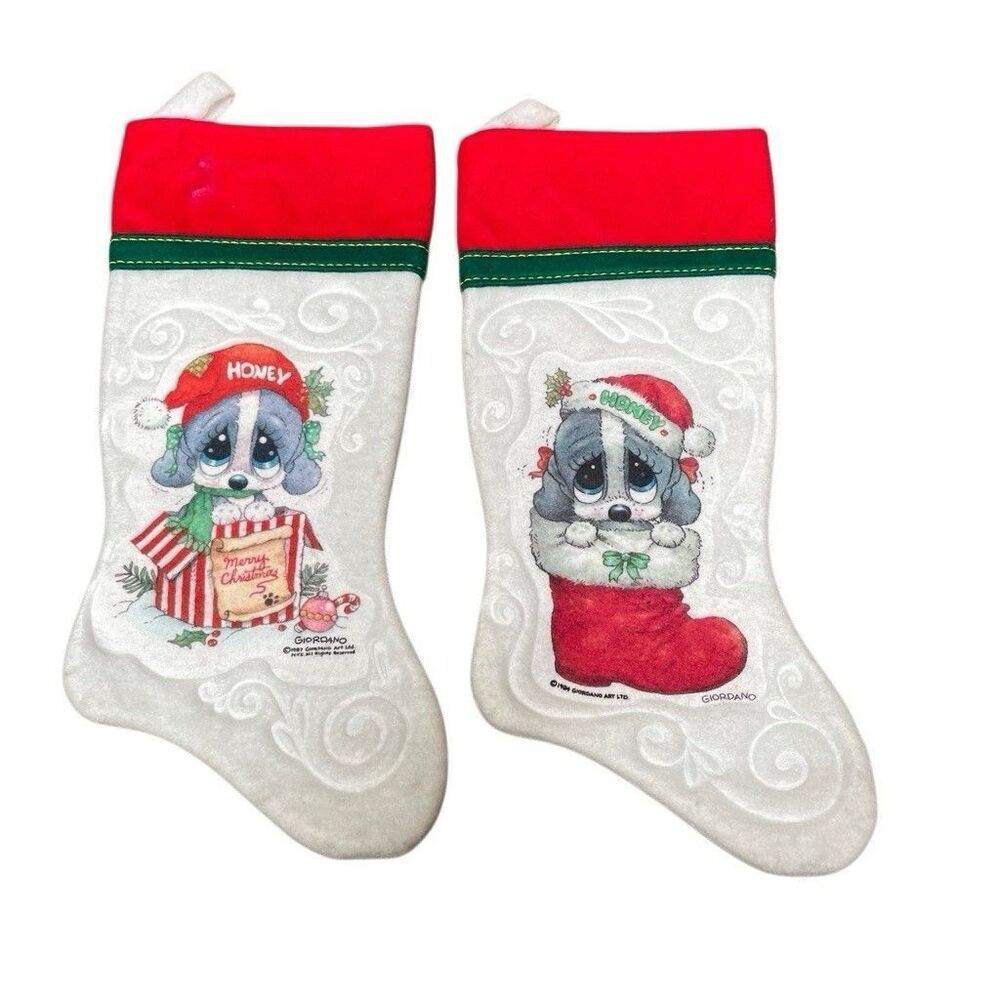Giordano Vintage ‘87 & ‘94 Christmas Felt Stocking Sad Honey Puppy  Lot-2